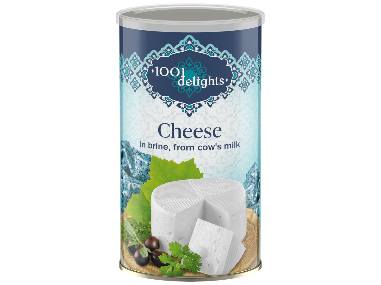 Boîte de fromage en saumure de lait de vache, avec olives et herbes, motif bleu et blanc.