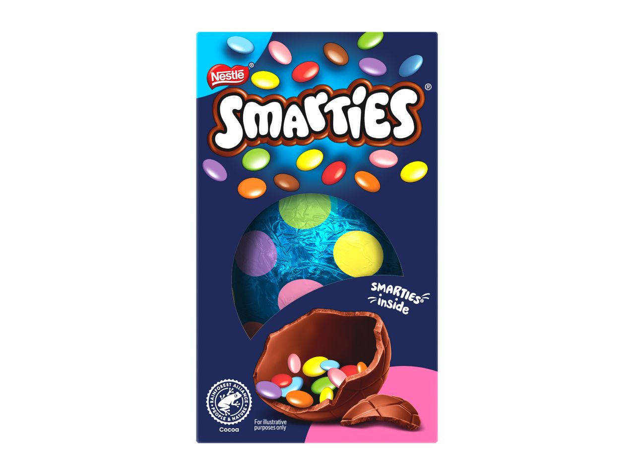 Easter egg box with colorful candies, a chocolate egg, and text 'SMARTIES inside'.