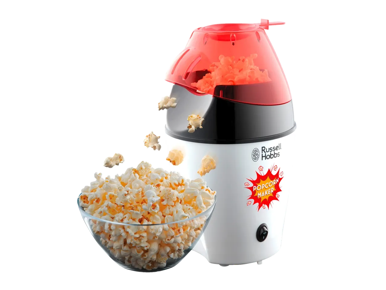 Aparat de popcorn Russell Hobbs cu capac roșu și un bol plin cu popcorn.