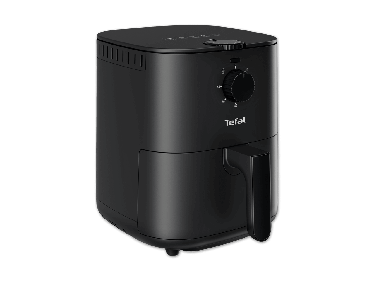 Ein schwarzer Tefal-Heißluftfritteuse steht auf schwarzem Hintergrund.