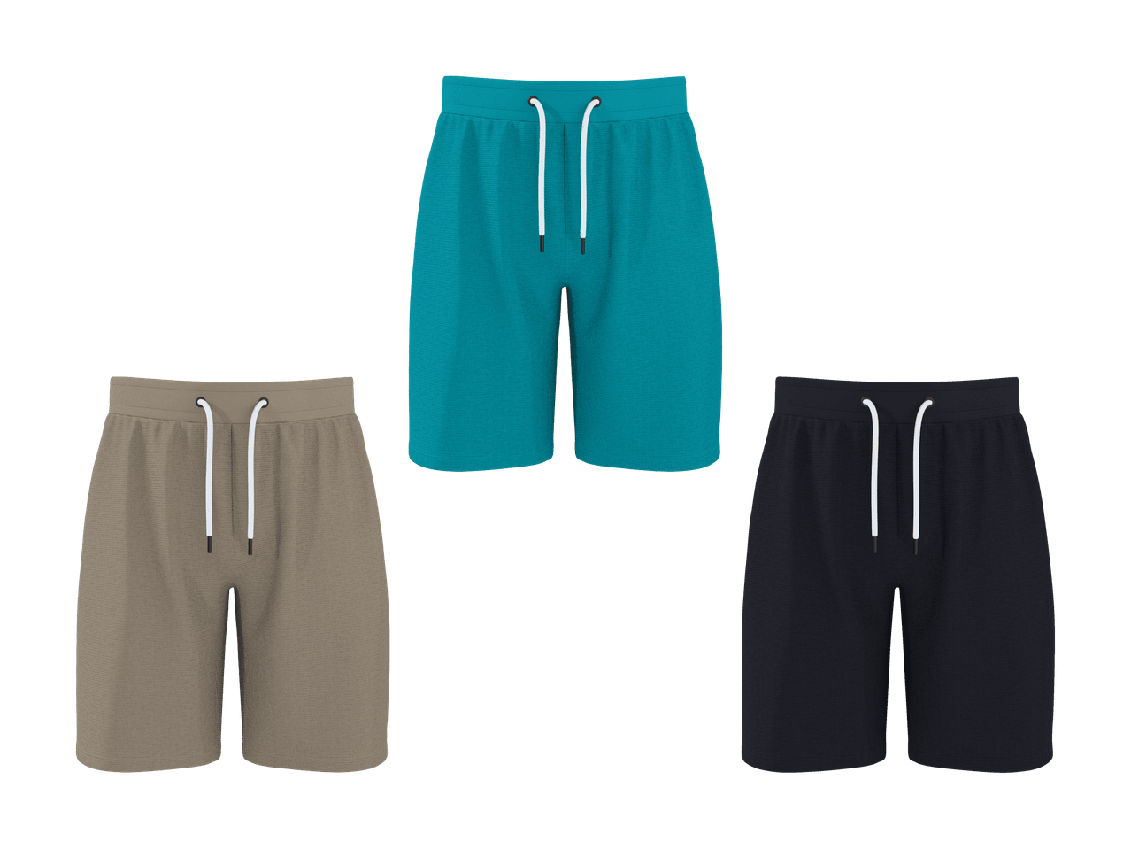 Trois shorts de sport pour hommes en bleu sarcelle, beige et bleu marine.