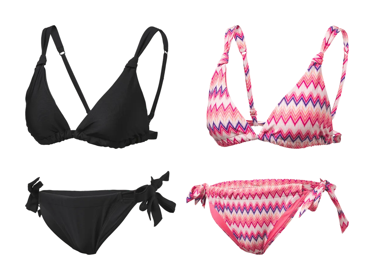 Zwei Bikini-Sets: ein schwarzes und ein gemustertes in Pink, Lila und Orange.