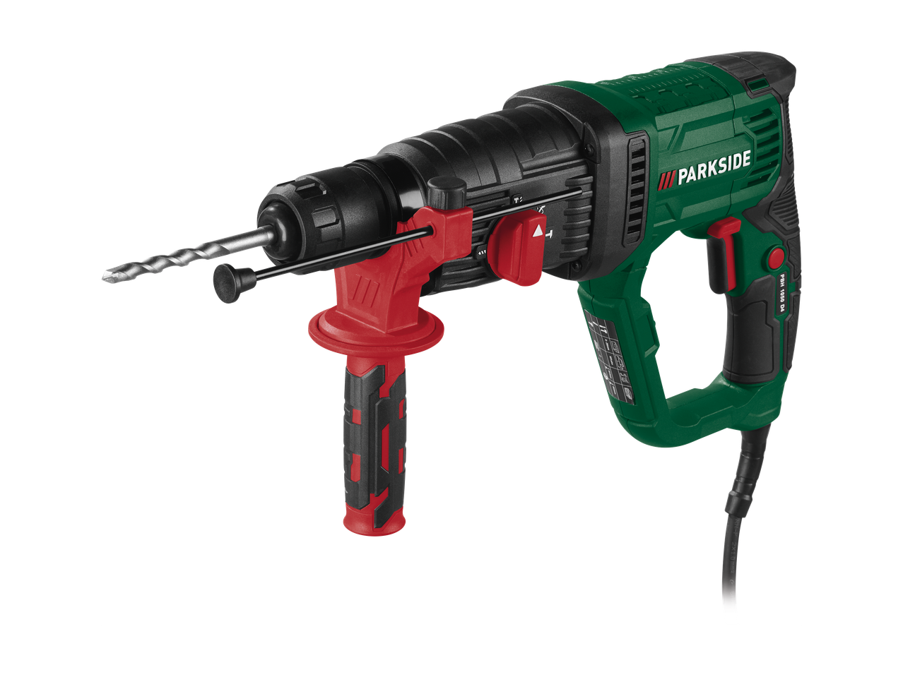 Zeleno-črno udarno kladivo z rdečim ročajem in svedrom.