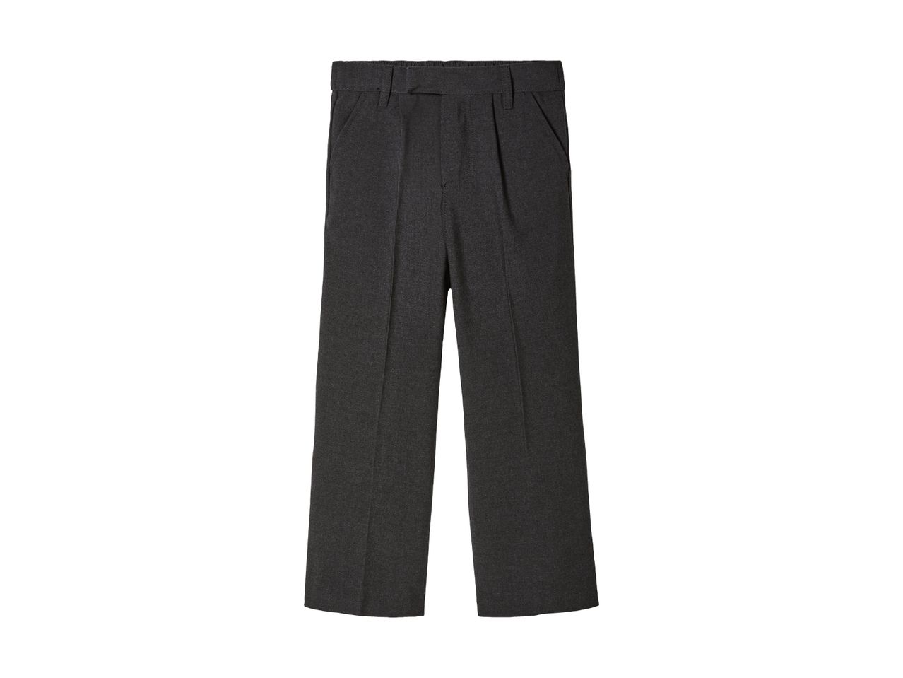 Dark gray straight-leg pants.