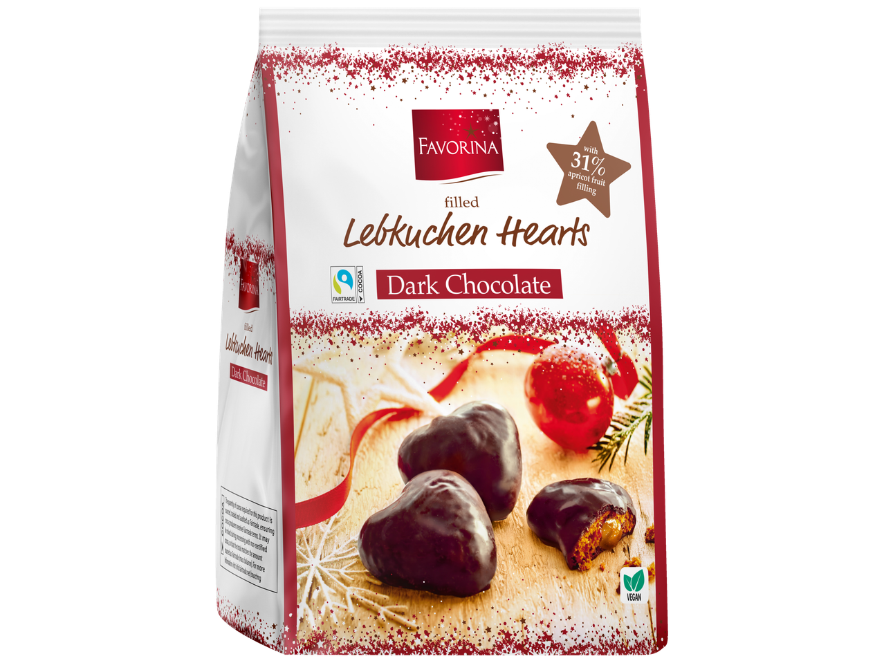 Favorina Chocolate Gingerbread Hearts with Apricot filling, Fairtrade and Vegan.