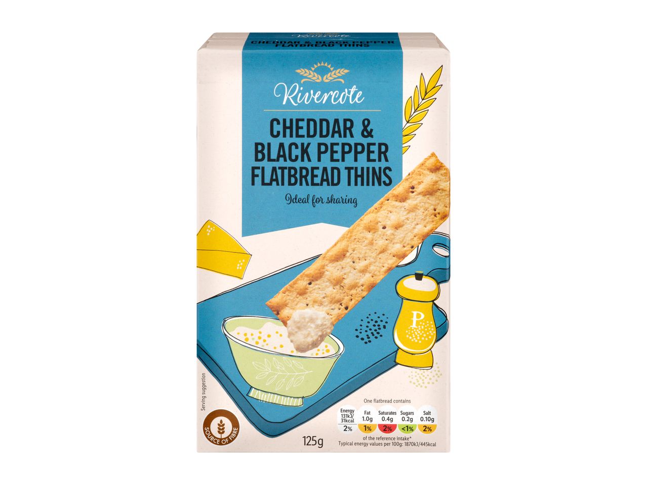 Rivercote cheddar & black pepper flatbread thins, ideal for sharing.