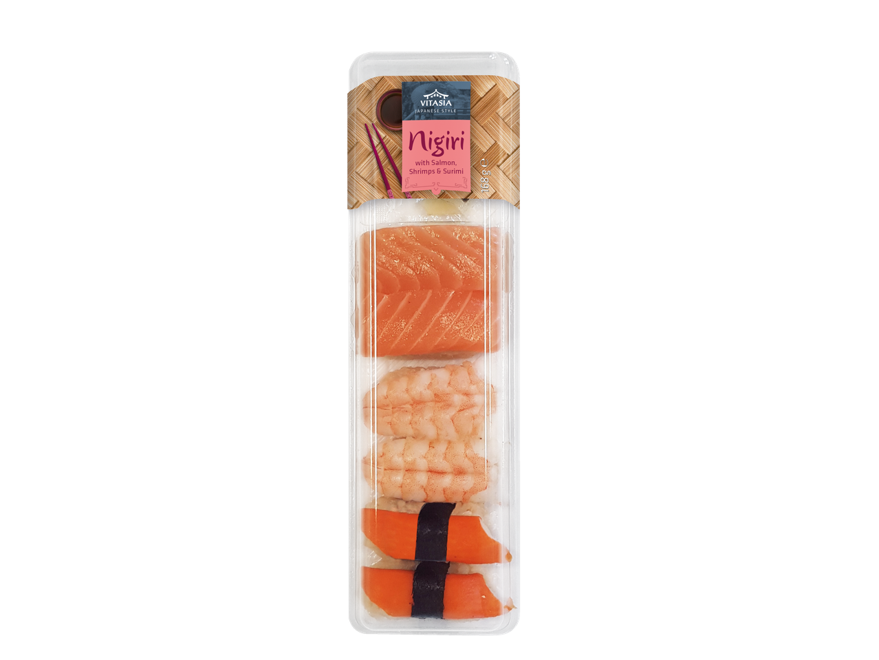 VitAsia Nigiri met zalm, garnalen & surimi.