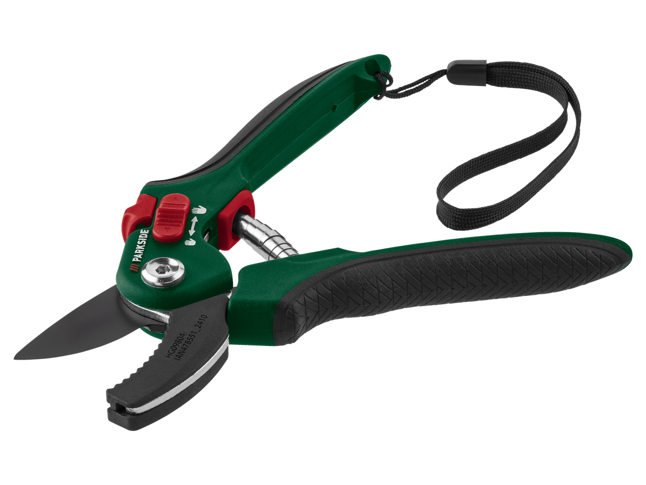 Parkside dārza šķēres ar ergonomisku rokturi un auklas cilpu.