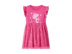 Pink girls' dress with Peppa Pig and George Pig graphic, ruffled sleeves, and a glittery tulle skirt.
