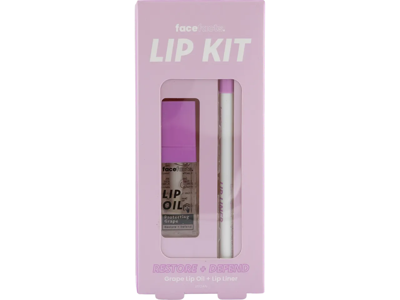 Facefacts Lip Kit with grape lip oil and lip liner in a pink box.