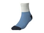 A single blue, white, and black athletic sock, angled to show the heel and toe.