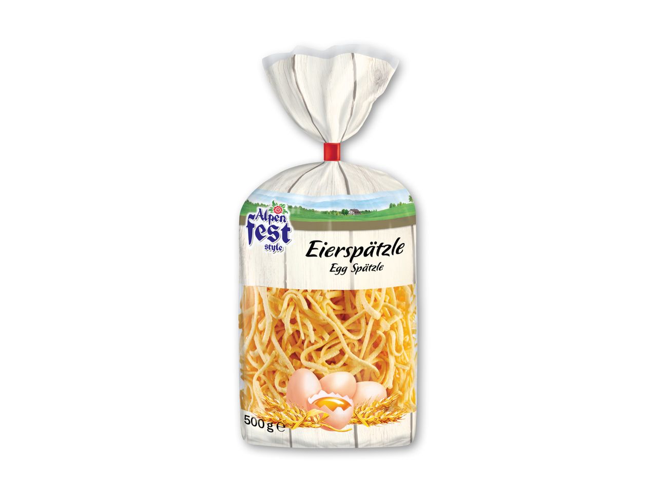 En pose Alpenfest Eierspätzle (æggespätzle) med æg og hvede på emballagen.