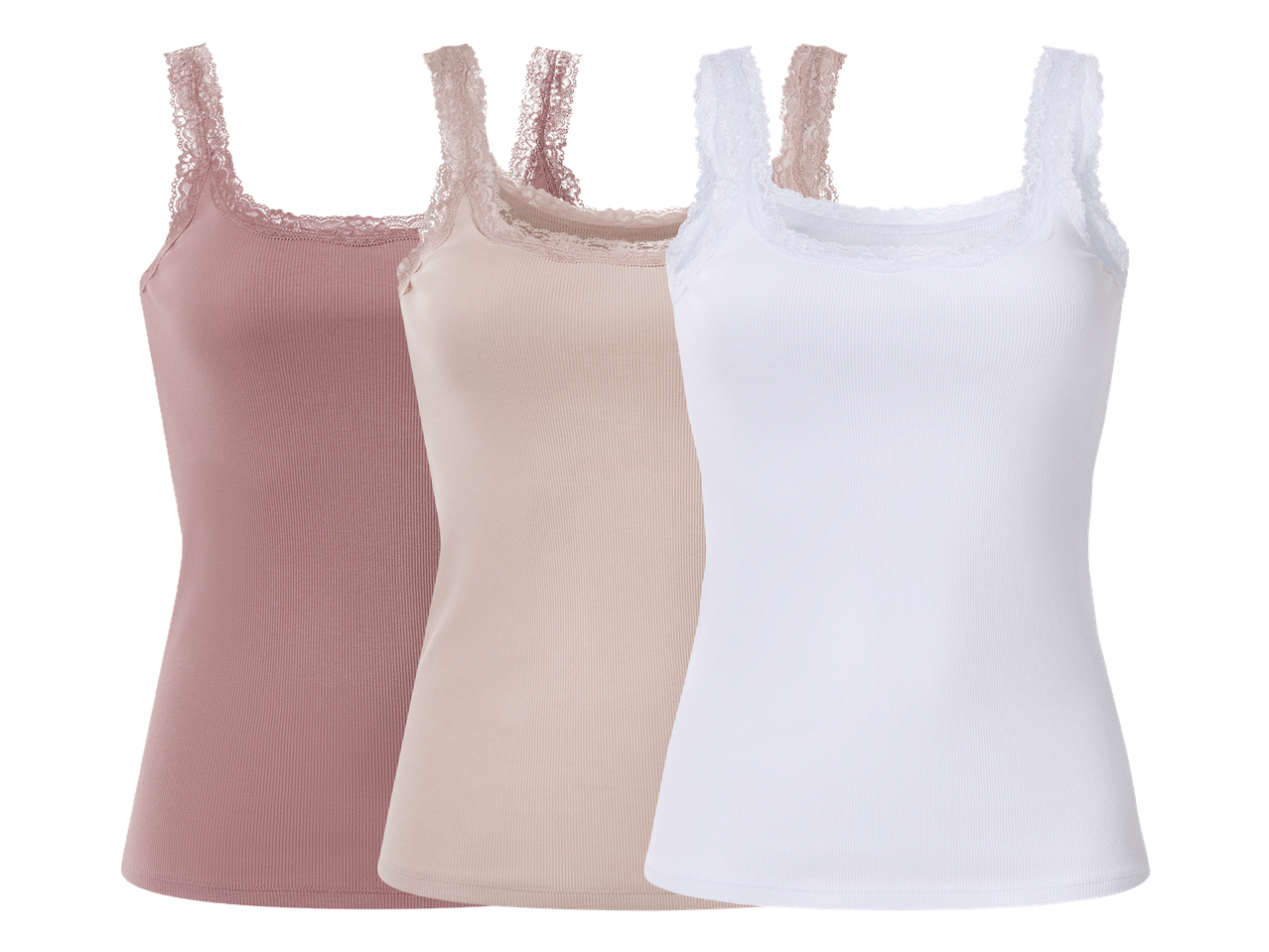 Tri rebraste potkošulje s čipkom u bijeloj, bež i ružičastoj boji.