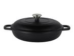 Black cast iron casserole dish with lid and silver knob.
