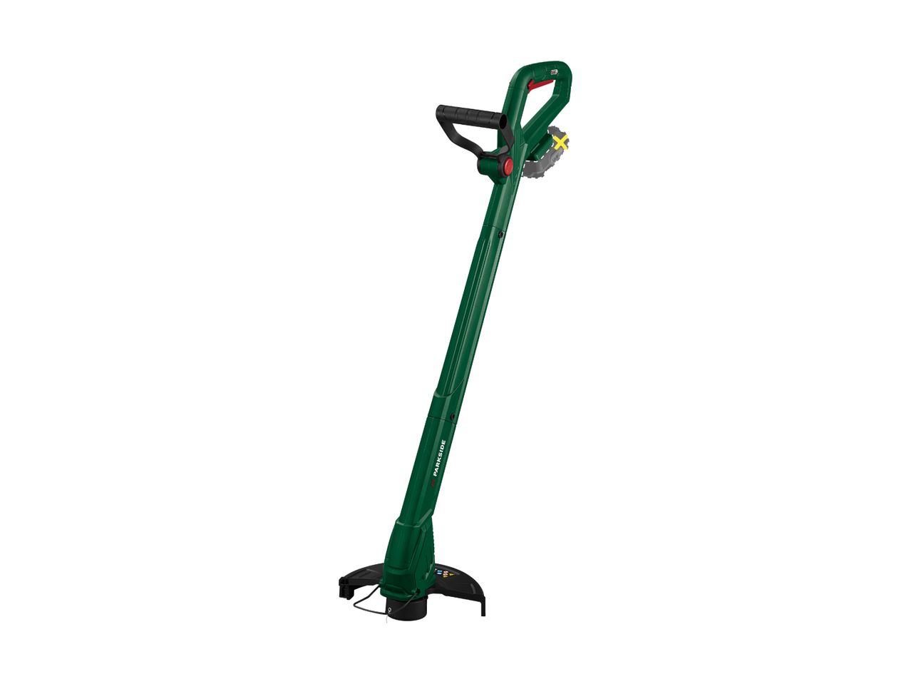 A green and black electric string trimmer with a handle and a protective guard.
