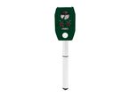 Green ultrasonic animal repeller with a white stake, featuring sensitivity and frequency dials.