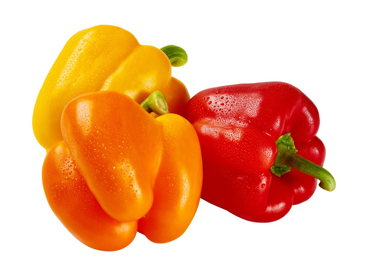 Fresh red, orange, and yellow bell peppers with water droplets.