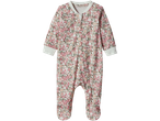 A lupilu® baby sleepsuit with a white background and a pink floral pattern.
