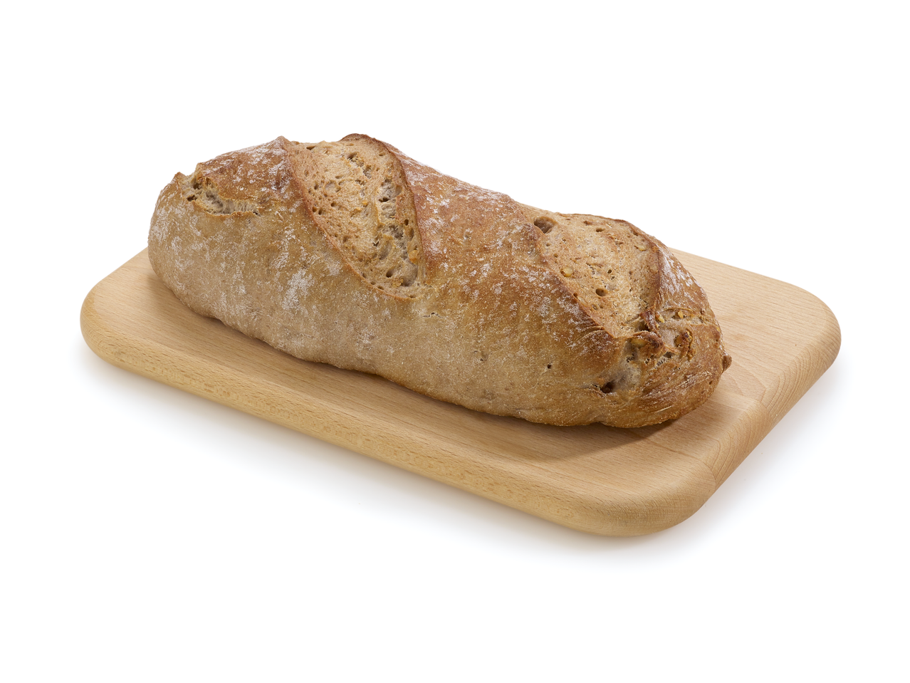 Un pain rustique sur une planche à découper en bois.