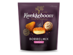 Paarse verpakking met borrelmix hapjes: kaashapjes, kipnuggets en rundvlees bitterballen.