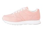 A pair of light pink sneakers with white laces and sole.