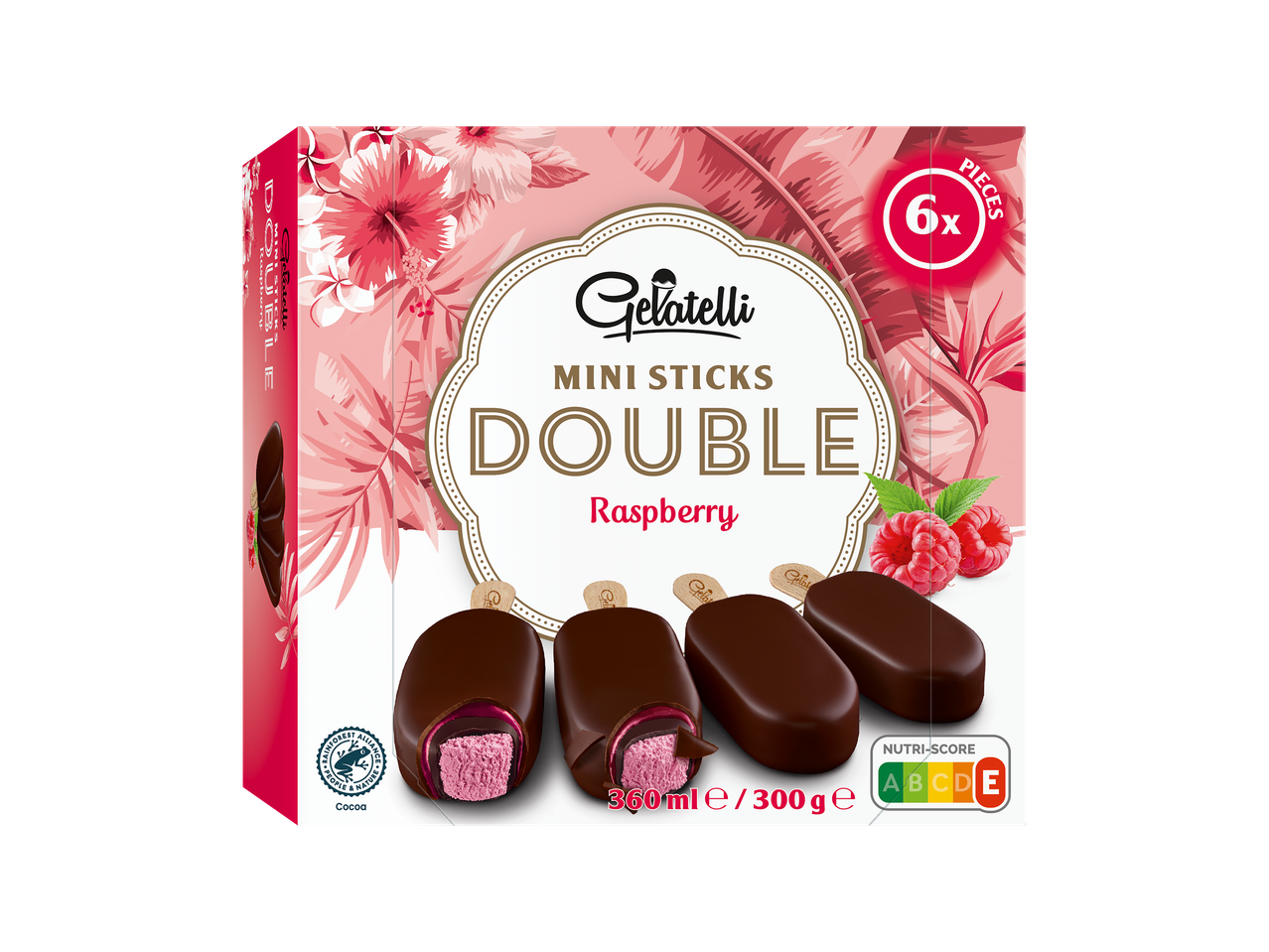 Boîte de mini bâtonnets glacés à la framboise, enrobés de chocolat, avec 6 pièces.