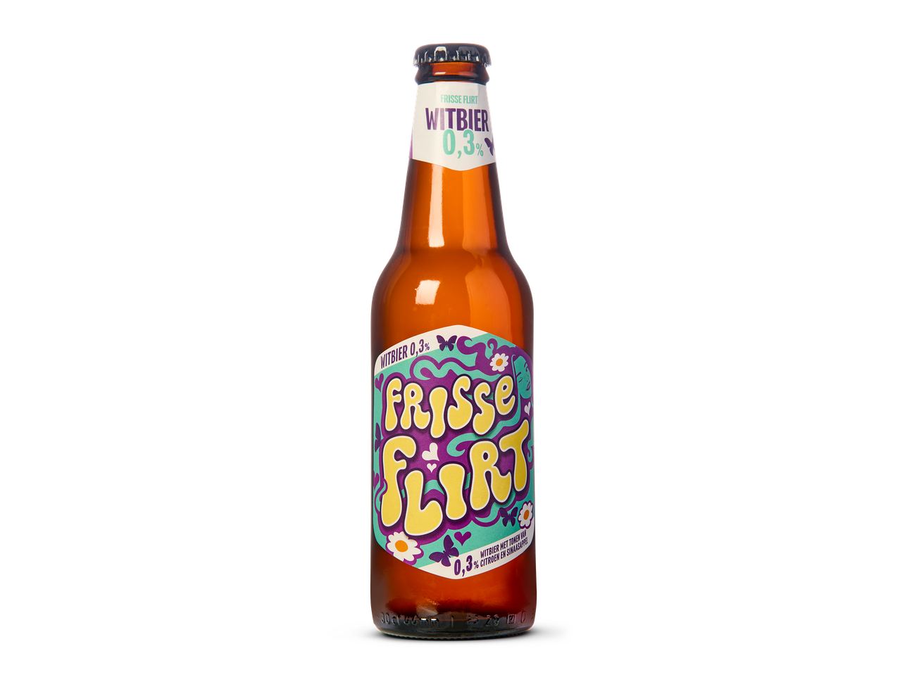 Fles witbier met 0,3% alcohol, met een kleurrijk etiket met bloemen en vlinders.