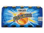 Embalagem Argus Panaché 10x25cl, com design de raios de sol e texto 'Alc. <1,0% vol.'