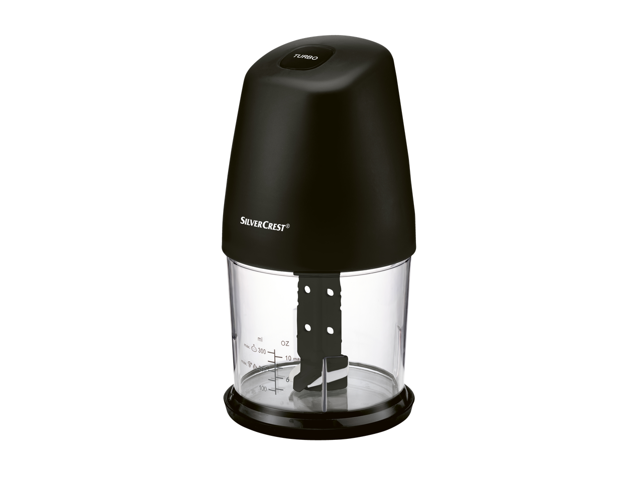 A SilverCrest Turbo mini chopper with a transparent bowl and black top.
