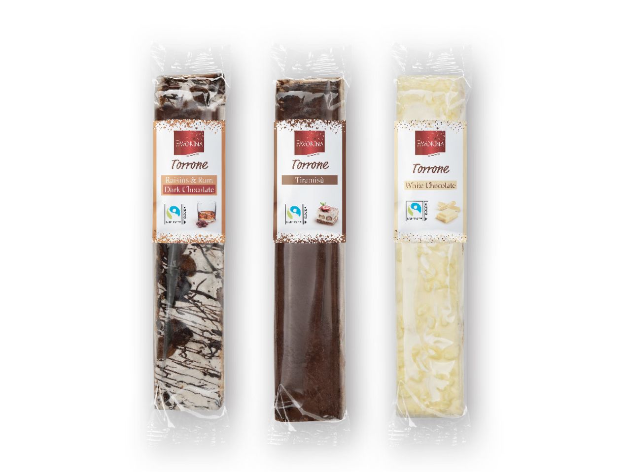 Kolm pakendatud torrone batooni: rosinate ja rummi, tiramisu ja valge šokolaadi maitsed.