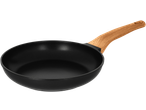 Black frying pan with a wooden handle