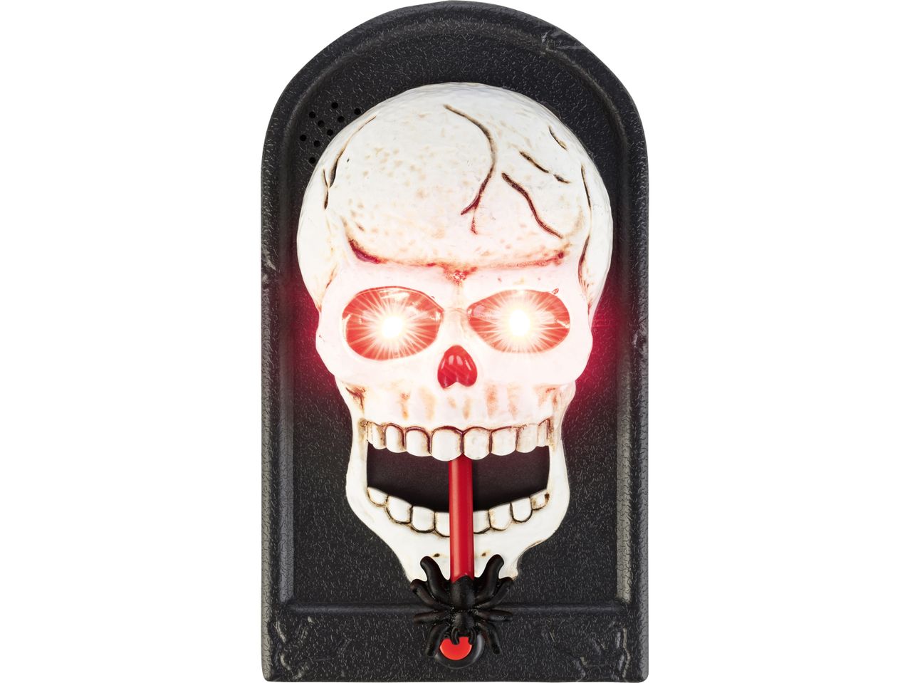 Halloween skull doorbell with glowing red eyes and a spider on the tongue