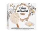 Box of 4 coconut and almond ice cream bars, with one bar shown bitten, and ingredients like coconut flakes and almonds.