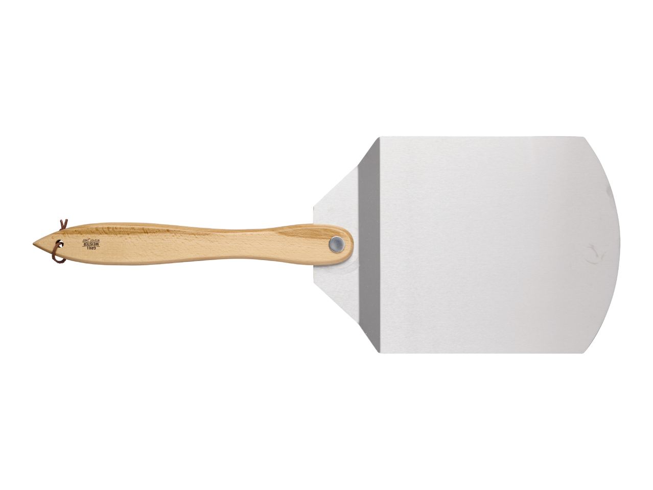 Pizza peel with a light wooden handle and a silver metal blade