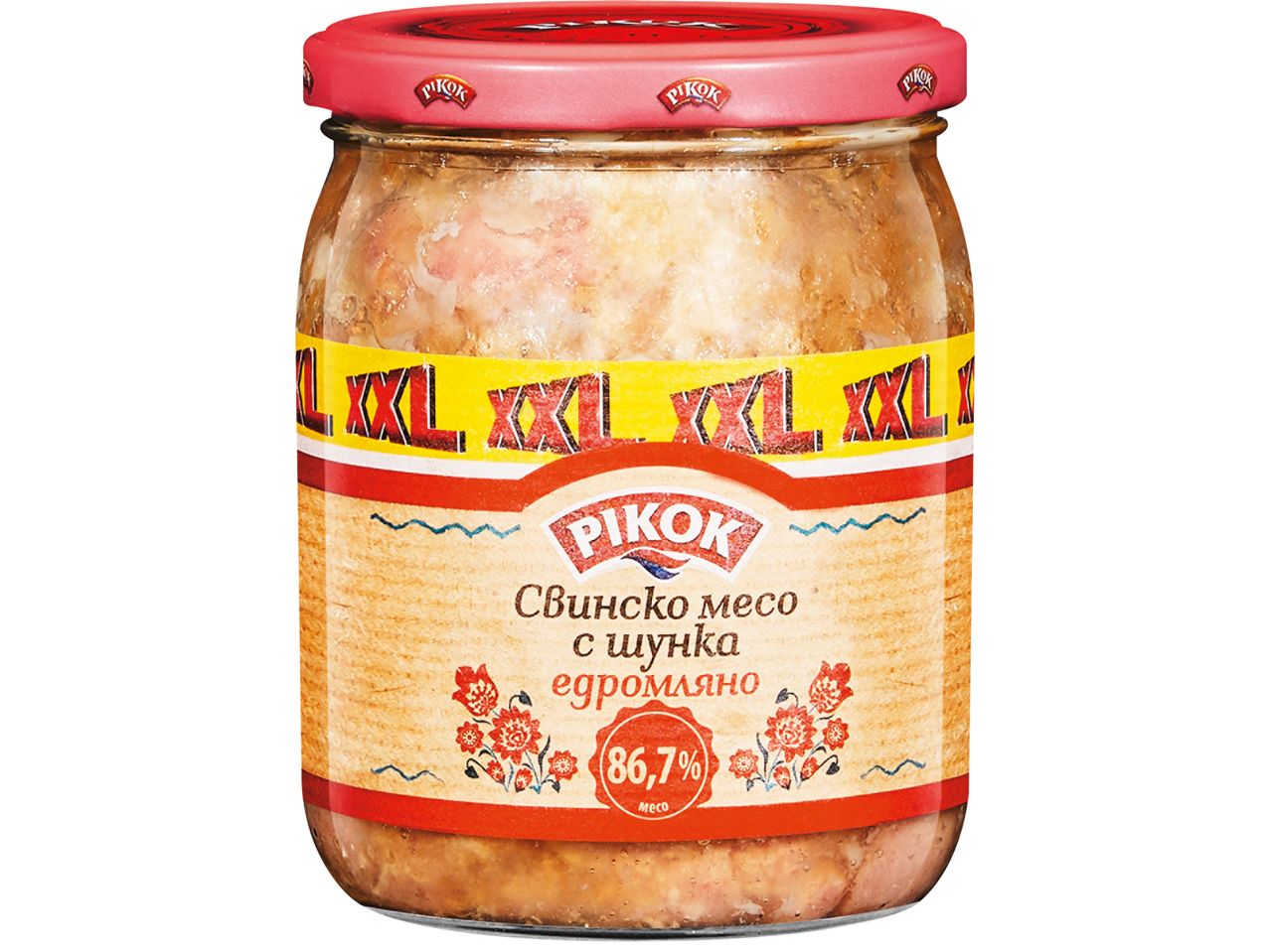 Буркан с консервирано свинско месо с шунка Pikok, с етикет, указващ 86,7% съдържание на месо.