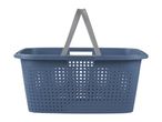 Blue plastic laundry basket with gray handles