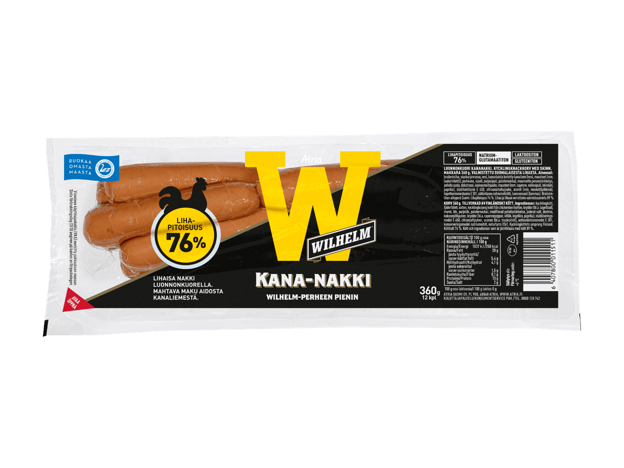 Pakkaus kananakkeja, joissa on 76 % lihapitoisuus ja merkintä gluteenittomuudesta.