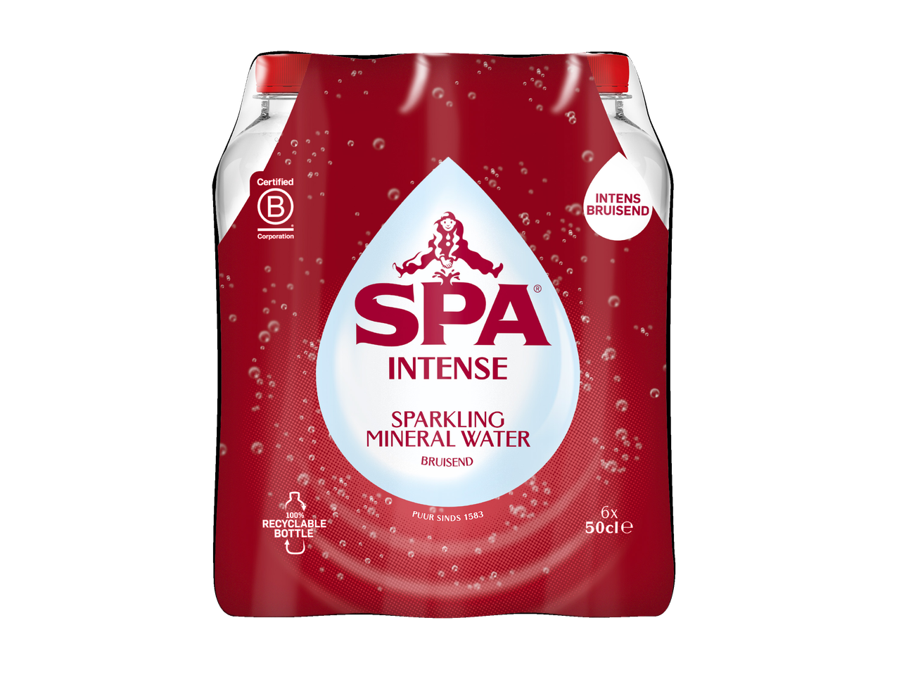SPA Intense Bruisend Mineraalwater 6x50cl verpakking, met 'Certified B Corporation' en '100% Recyclebare Fles' labels.
