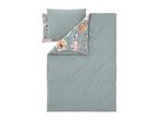Duvet cover set with a floral pattern and a solid sage green side.
