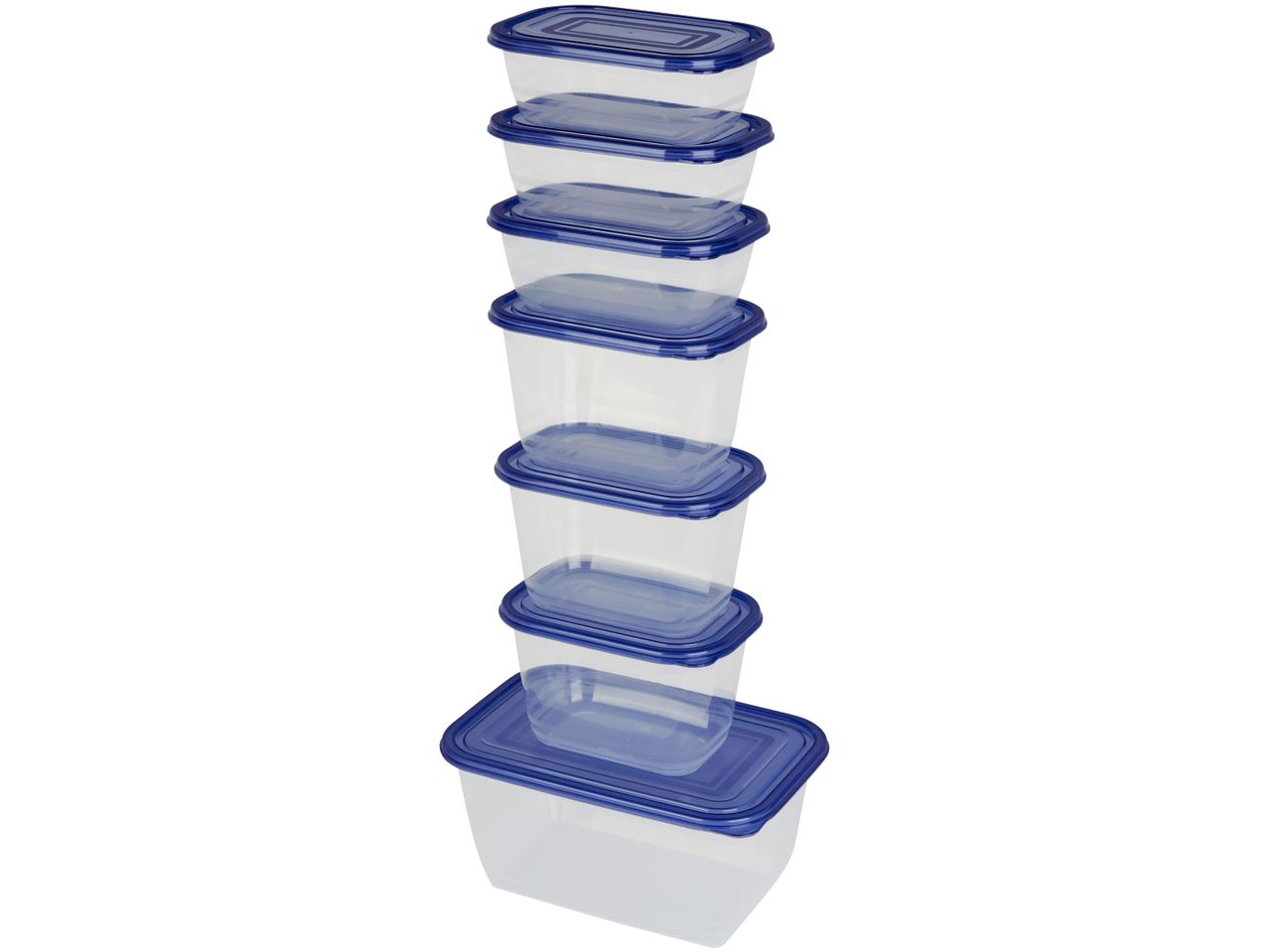 A stack of seven clear plastic food storage containers with blue lids.