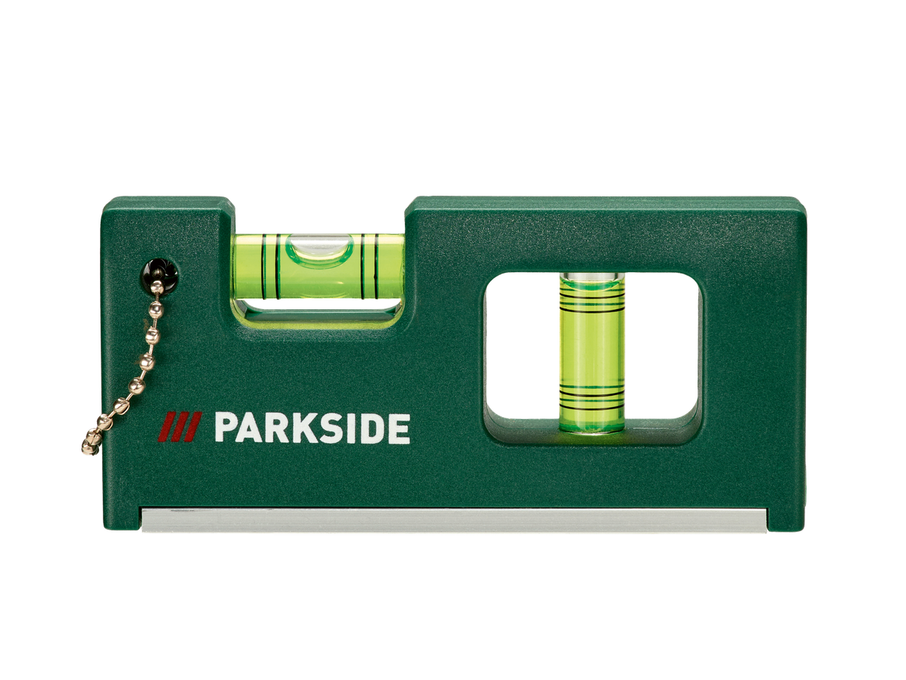 Groene PARKSIDE waterpas met twee libellen en een ketting, op een zwarte achtergrond.