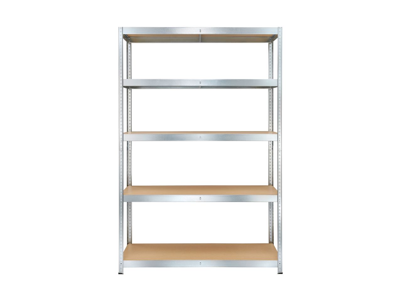 Five-tier metal shelving unit with light brown wooden shelves on a white background.