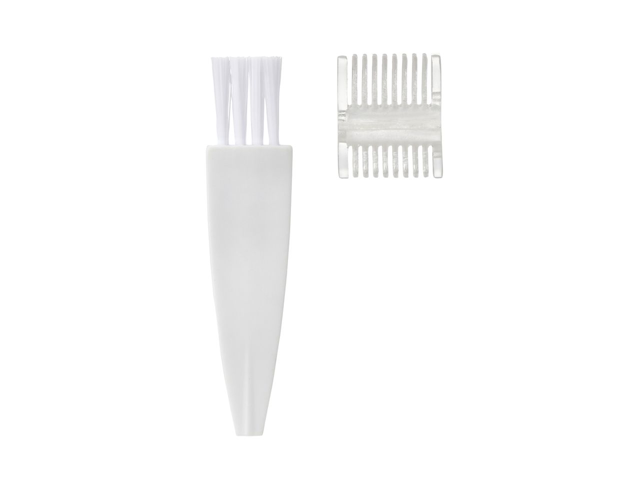 White cleaning brush and clear plastic comb for hair clippers