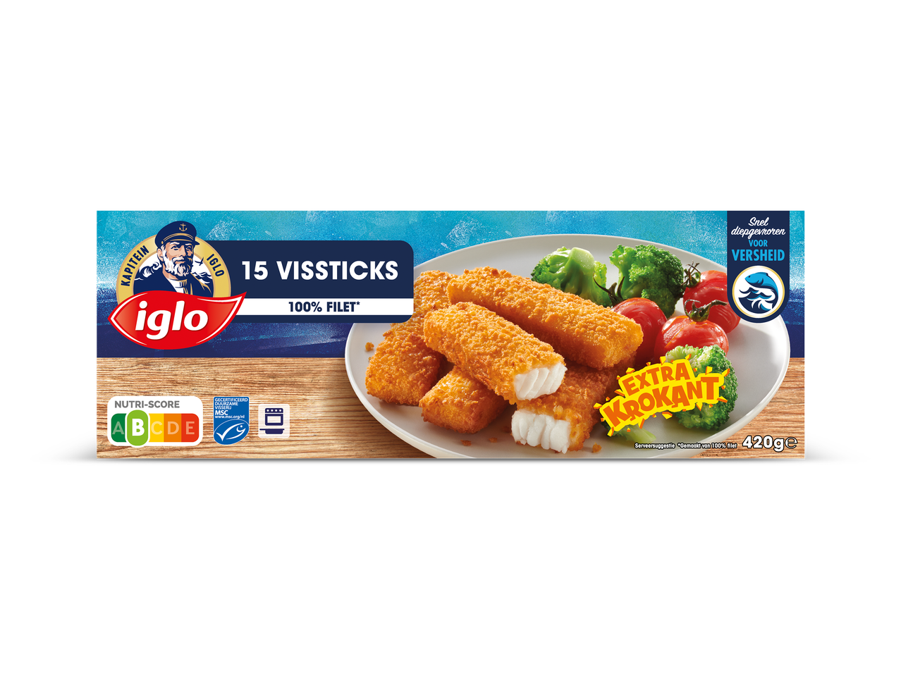 Verpakking van 15 vissticks met 100% filet, Nutri-Score A, MSC-gecertificeerd en 420g.