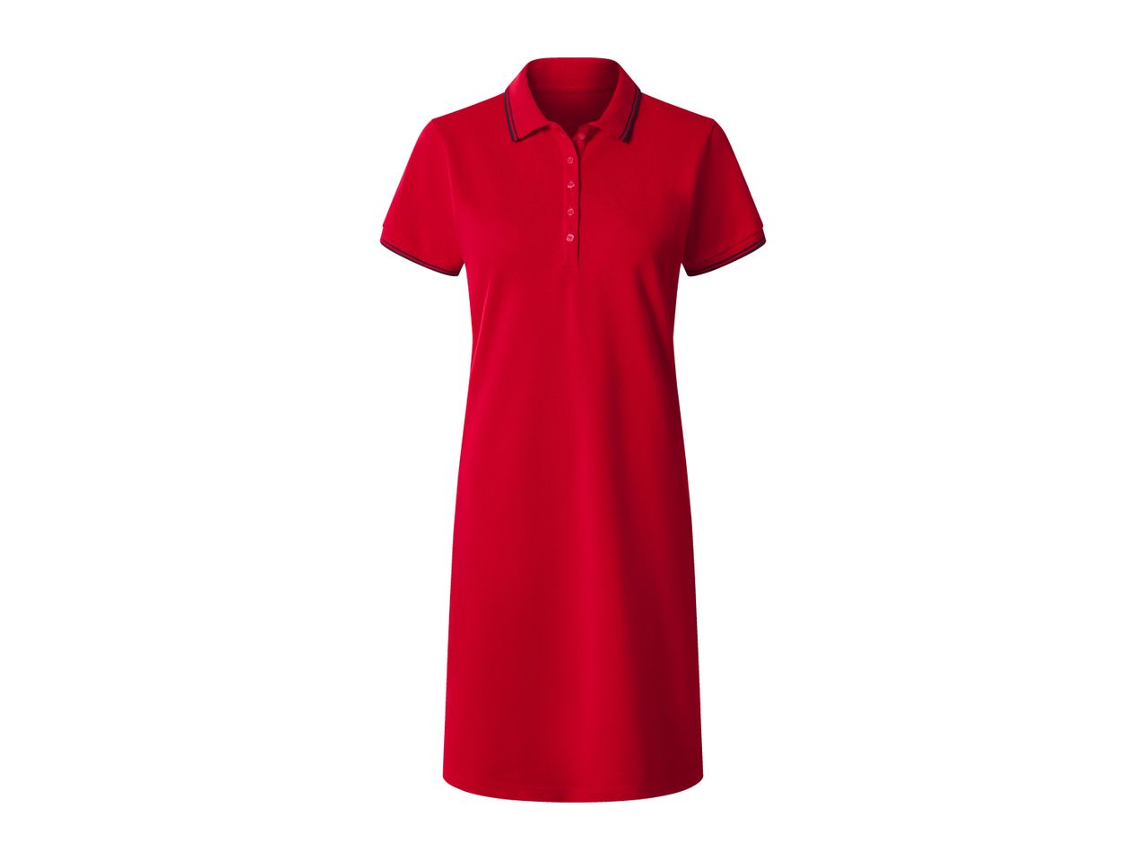 Red polo dress with short sleeves and a button placket.