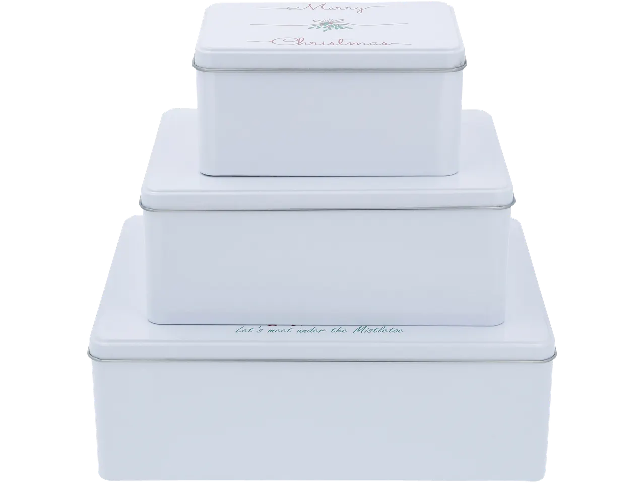 3 baltu Ziemassvētku tēmas uzglabāšanas kastu komplekts, saliktas kaudzē