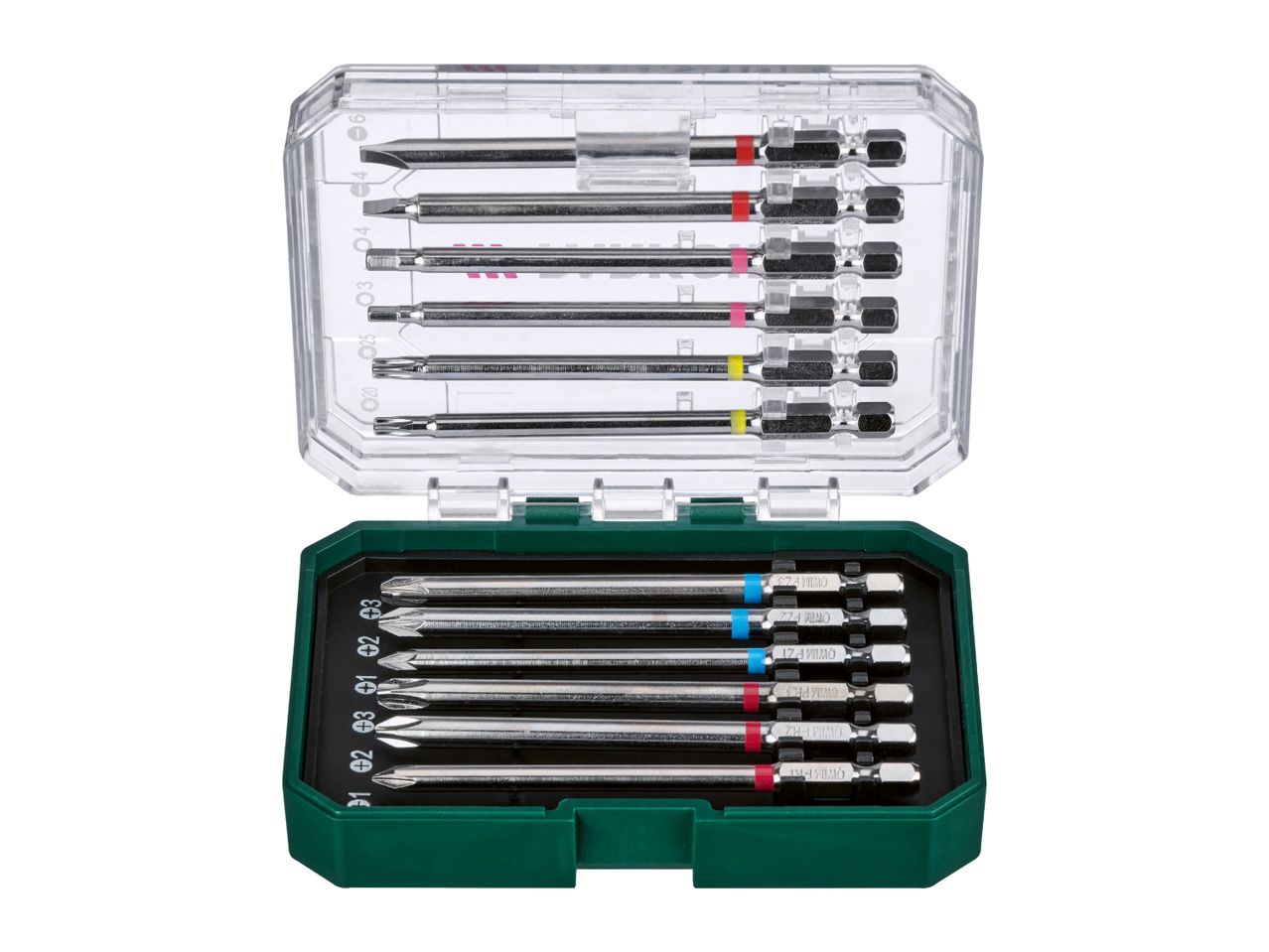 A set of screwdriver bits in a clear and green plastic case.