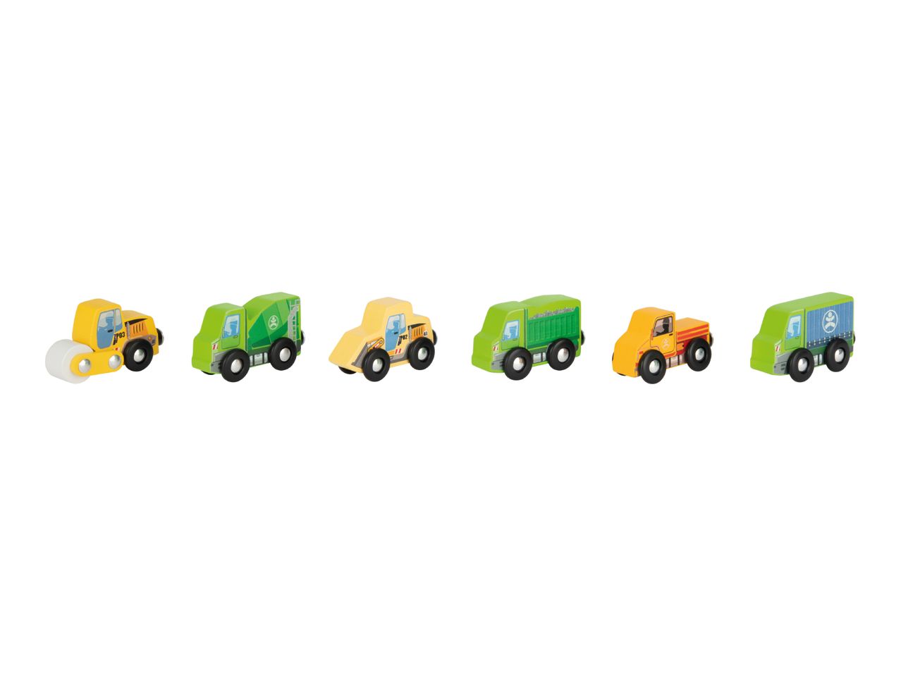 A set of six wooden toy vehicles, including a road roller, garbage trucks, and other construction vehicles.
