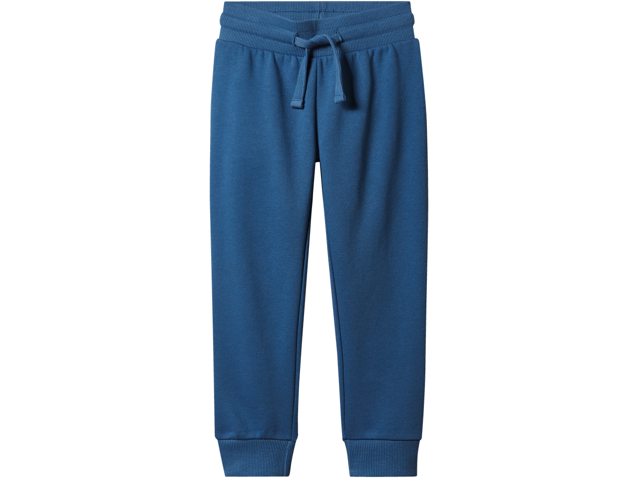 Mėlynos sportinės kelnės su elastiniu juosmeniu ir raišteliu.