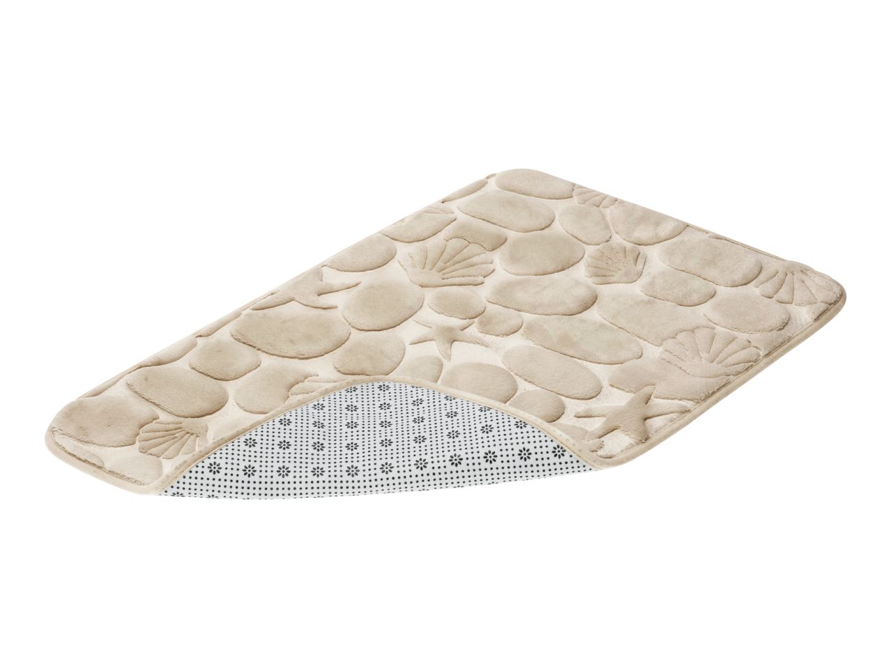 Beige bath mat with pebble, seashell, and starfish patterns, showing non-slip backing.